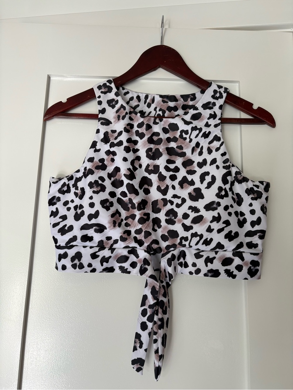 Leopard Print Tie-Back Crop Tank Top - White, Black, Taupe, PTP18, poly,span.